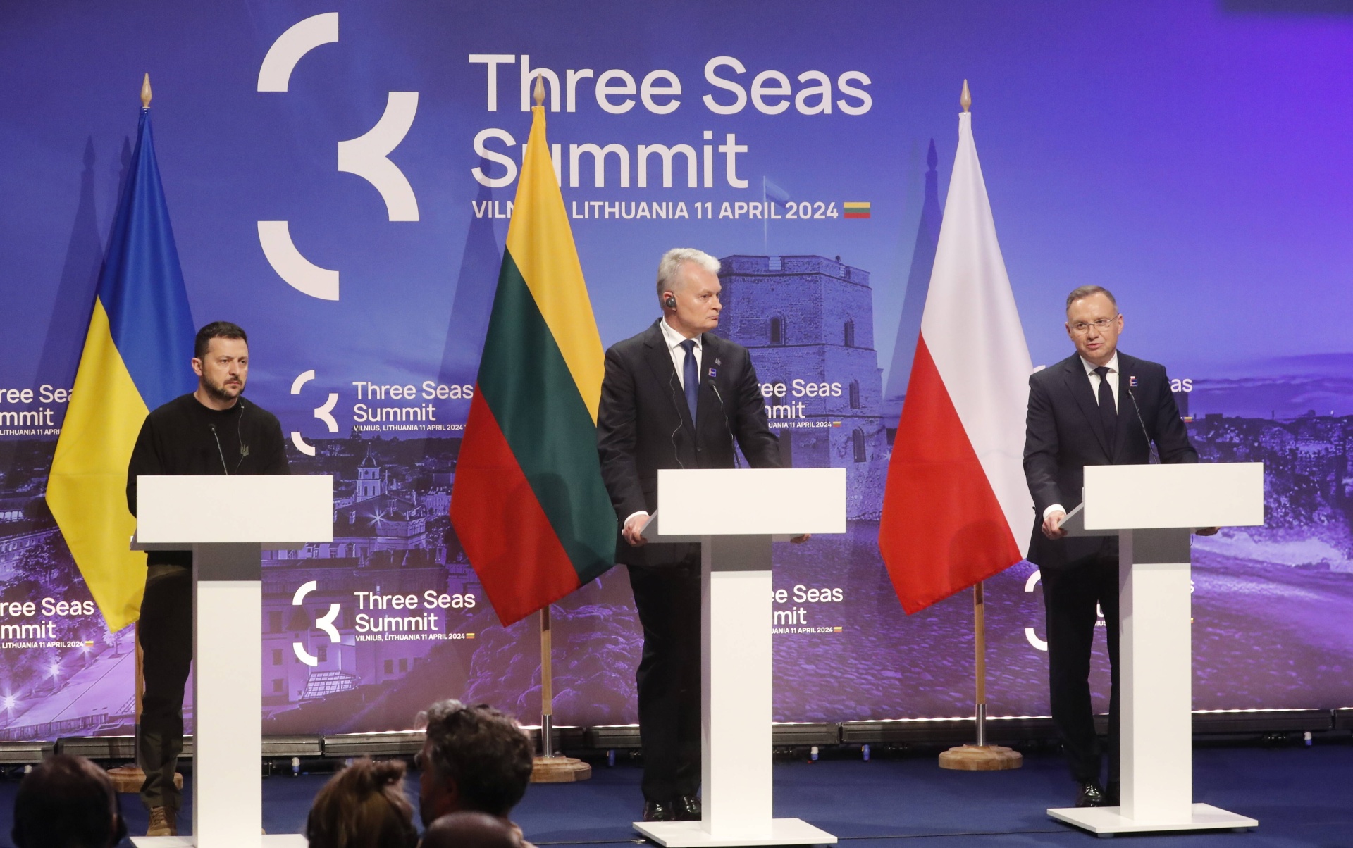 President of Poland Andrzej Duda (R), Ukrainian president Volodymyr Zelensky (L) and Lithuanian President Gitanas Nauseda attend the press conference during the Three Seas (3SI) Summit at the Palace of the Grand Dukes of Lithuania in Vilnius, Lithuania