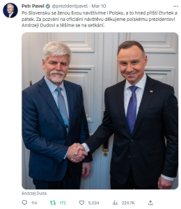 Tweet przedstawiający prezydentów Czech i Polski