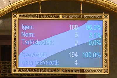The result of the vote on the approval of the admission of Sweden to NATO is seen on a screen