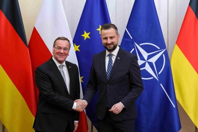 Polish Deputy Prime Minister, Minister of National Defense of the Republic of Poland Władysław Kosiniak-Kamysz (R) and German Minister of Defense Boris Pistorius (L) during a press conference after the meeting at the Representative Center of the Ministry of National Defense in Nowa Wieś near Pruszków
