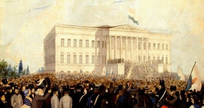 Tłum przed Muzeum Narodowym 15 marca 1848 roku. 